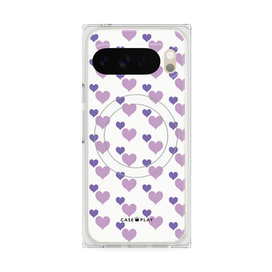 プレミアムスクエアケース with Pixelsnap［ Stripe Hearts - Purple ］