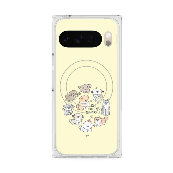 プレミアムスクエアケース with Pixelsnap［ こんにちは、いぬです - みんなそろって - ベージュ ］