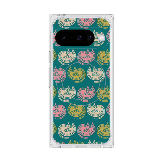 プレミアムスクエアケース with Pixelsnap［ ELLE - Cat Pattern - グリーン ］