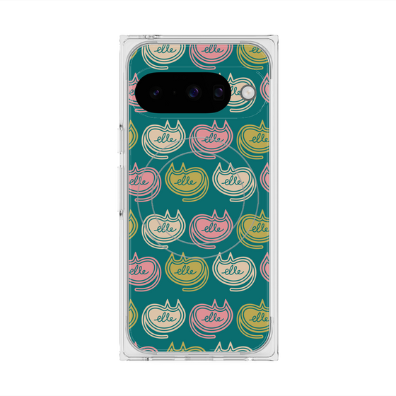 プレミアムスクエアケース with Pixelsnap［ ELLE - Cat Pattern - グリーン ］