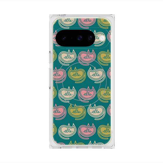 プレミアムスクエアケース with Pixelsnap［ ELLE - Cat Pattern - グリーン ］
