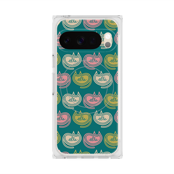 プレミアムスクエアケース with Pixelsnap［ ELLE - Cat Pattern - グリーン ］