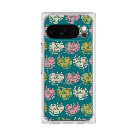 プレミアムスクエアケース with Pixelsnap［ ELLE - Cat Pattern - グリーン ］