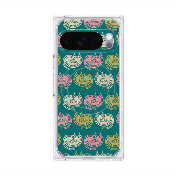 プレミアムスクエアケース with Pixelsnap［ ELLE - Cat Pattern - グリーン ］