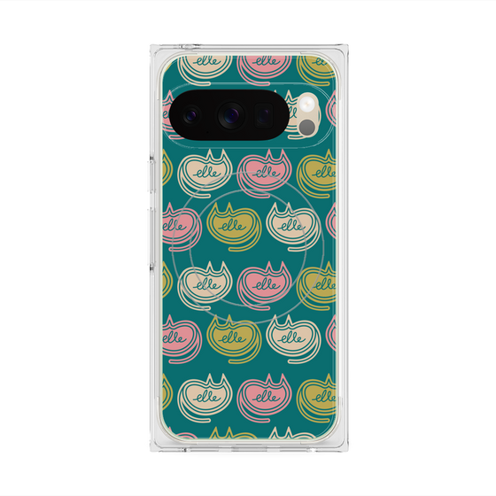プレミアムスクエアケース with Pixelsnap［ ELLE - Cat Pattern - グリーン ］