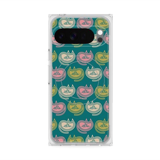 プレミアムスクエアケース with Pixelsnap［ ELLE - Cat Pattern - グリーン ］