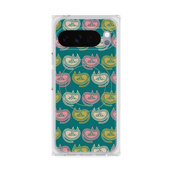 プレミアムスクエアケース with Pixelsnap［ ELLE - Cat Pattern - グリーン ］