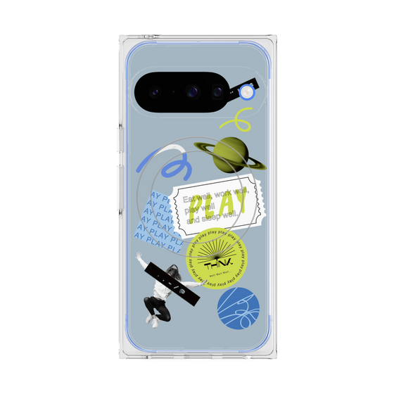 プレミアムスクエアケース with Pixelsnap［ Playful sticker - Dusty Blue ］