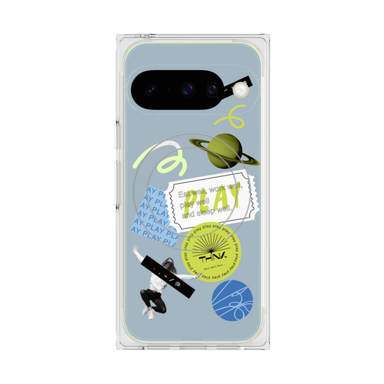プレミアムスクエアケース with Pixelsnap［ Playful sticker - Dusty Blue ］