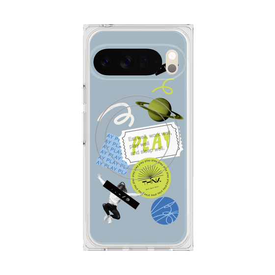 プレミアムスクエアケース with Pixelsnap［ Playful sticker - Dusty Blue ］