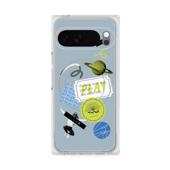 プレミアムスクエアケース with Pixelsnap［ Playful sticker - Dusty Blue ］