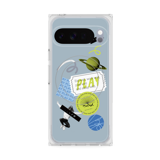 プレミアムスクエアケース with Pixelsnap［ Playful sticker - Dusty Blue ］
