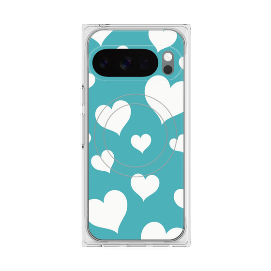 プレミアムスクエアケース with Pixelsnap［ Dot Hearts - Blue ］