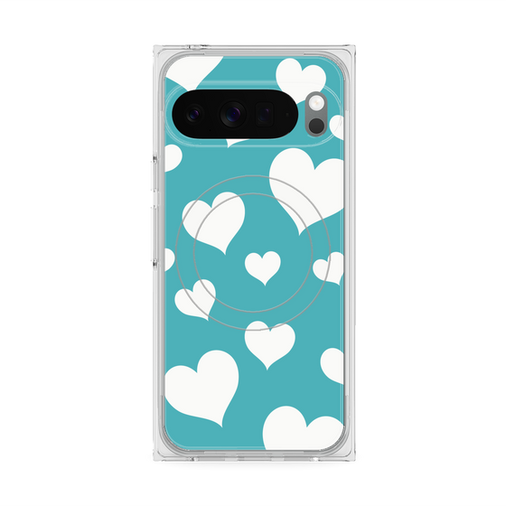 プレミアムスクエアケース with Pixelsnap［ Dot Hearts - Blue ］