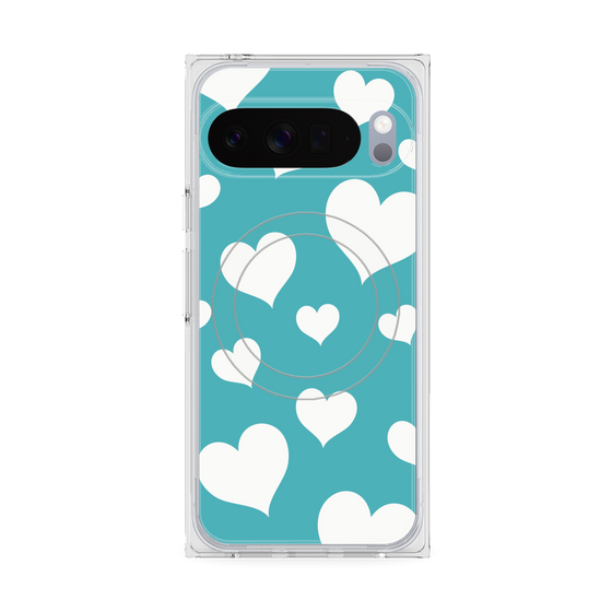 プレミアムスクエアケース with Pixelsnap［ Dot Hearts - Blue ］