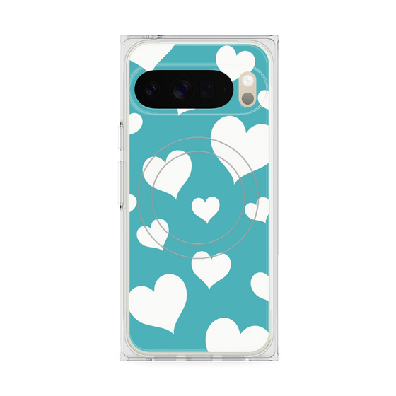 プレミアムスクエアケース with Pixelsnap［ Dot Hearts - Blue ］