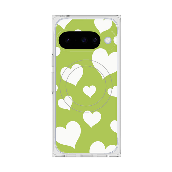 プレミアムスクエアケース with Pixelsnap［ Dot Hearts - Green ］