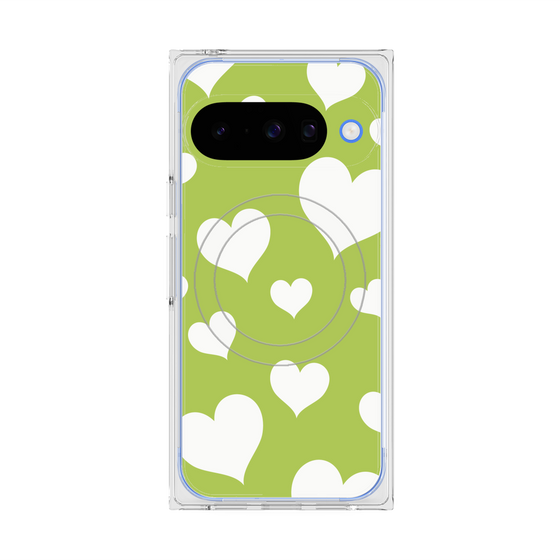 プレミアムスクエアケース with Pixelsnap［ Dot Hearts - Green ］