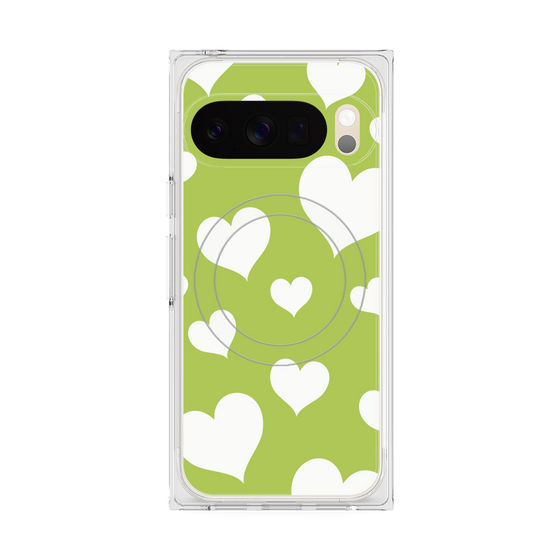 プレミアムスクエアケース with Pixelsnap［ Dot Hearts - Green ］