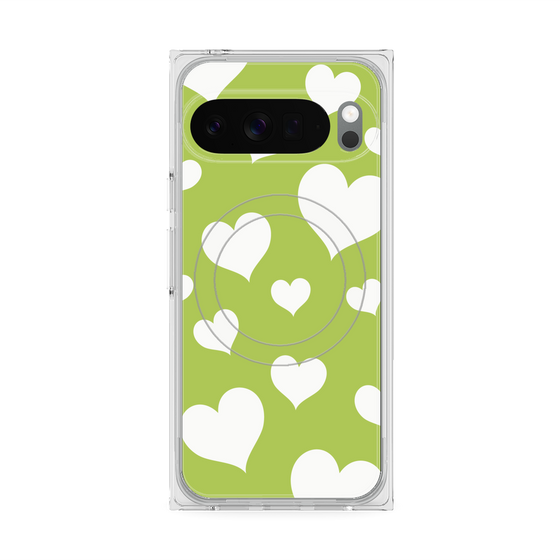 プレミアムスクエアケース with Pixelsnap［ Dot Hearts - Green ］
