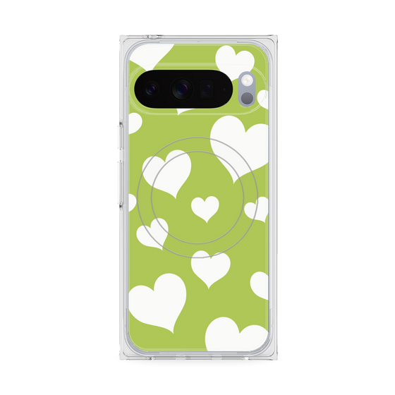 プレミアムスクエアケース with Pixelsnap［ Dot Hearts - Green ］