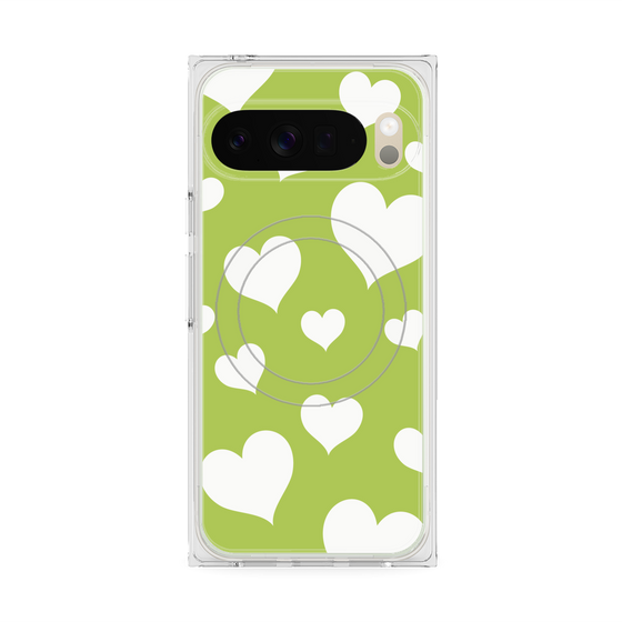 プレミアムスクエアケース with Pixelsnap［ Dot Hearts - Green ］