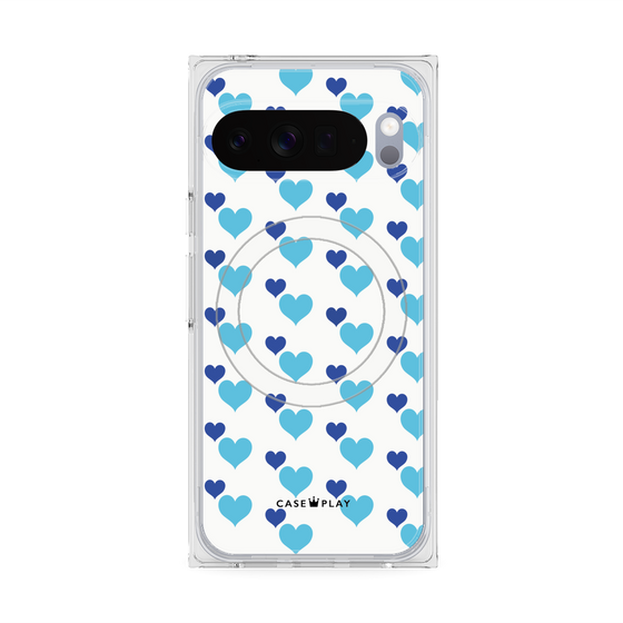 プレミアムスクエアケース with Pixelsnap［ Stripe Hearts - Blue ］