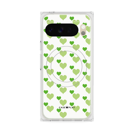 プレミアムスクエアケース with Pixelsnap［ Stripe Hearts - Green ］