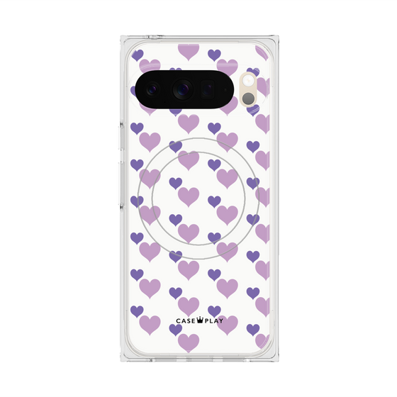 プレミアムスクエアケース with Pixelsnap［ Stripe Hearts - Purple ］