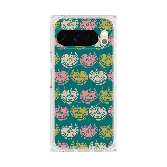 プレミアムスクエアケース with Pixelsnap［ ELLE - Cat Pattern - グリーン ］