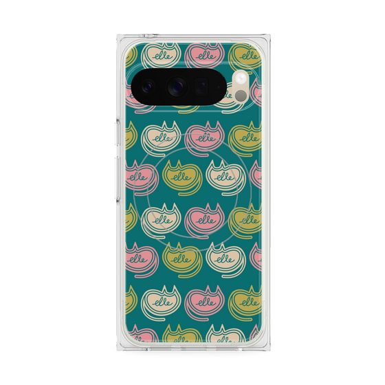プレミアムスクエアケース with Pixelsnap［ ELLE - Cat Pattern - グリーン ］