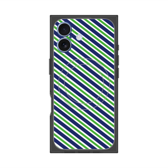 プレミアムスクエアケース with MagSafe［ Small Stripe - Navy × Green ］