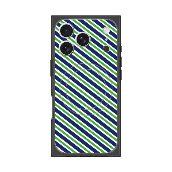 プレミアムスクエアケース with MagSafe［ Small Stripe - Navy × Green ］