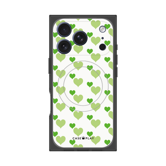 プレミアムスクエアケース with MagSafe［ Stripe Hearts - Green ］