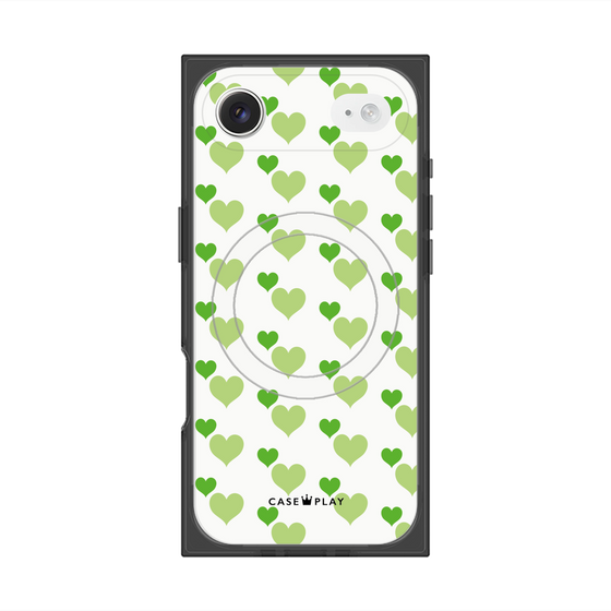 プレミアムスクエアケース with MagSafe［ Stripe Hearts - Green ］