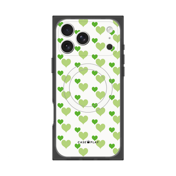 プレミアムスクエアケース with MagSafe［ Stripe Hearts - Green ］