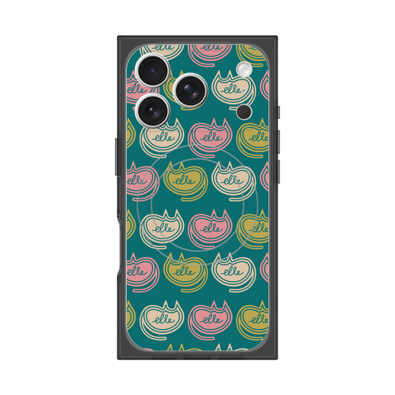 プレミアムスクエアケース with MagSafe［ ELLE - Cat Pattern - グリーン ］