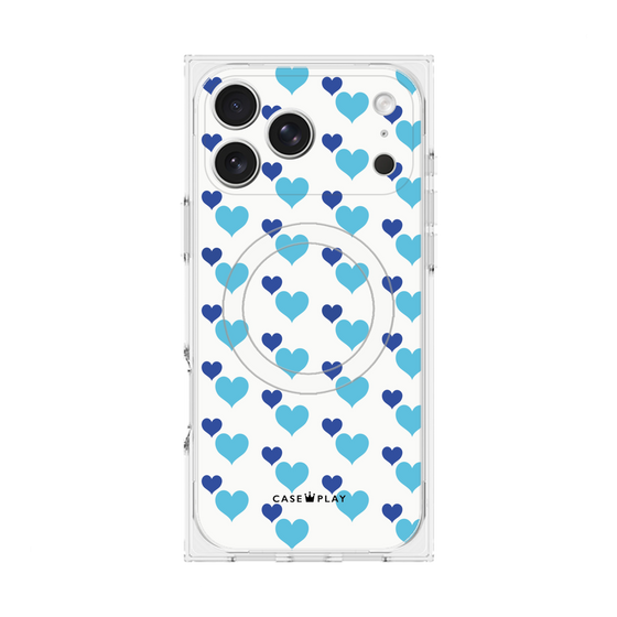 プレミアムスクエアケース with MagSafe［ Stripe Hearts - Blue ］