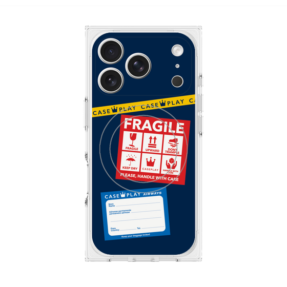 プレミアムスクエアケース with MagSafe［ FRAGILE Stickers - Navy ］