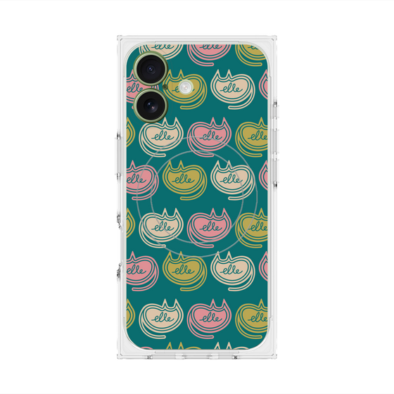 プレミアムスクエアケース with MagSafe［ ELLE - Cat Pattern - グリーン ］
