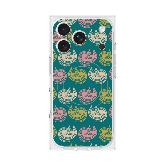 プレミアムスクエアケース with MagSafe［ ELLE - Cat Pattern - グリーン ］