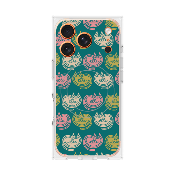 プレミアムスクエアケース with MagSafe［ ELLE - Cat Pattern - グリーン ］