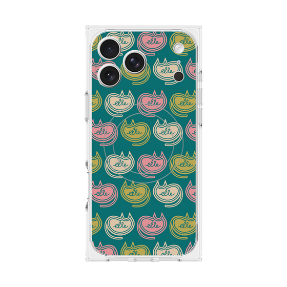プレミアムスクエアケース with MagSafe［ ELLE - Cat Pattern - グリーン ］