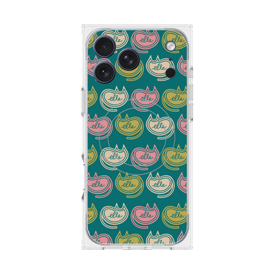 プレミアムスクエアケース with MagSafe［ ELLE - Cat Pattern - グリーン ］