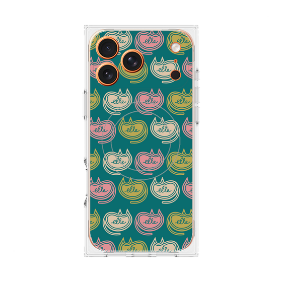 プレミアムスクエアケース with MagSafe［ ELLE - Cat Pattern - グリーン ］