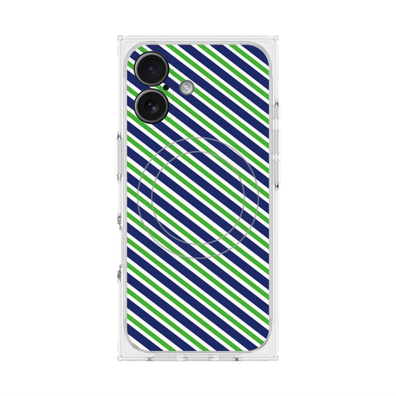 プレミアムスクエアケース with MagSafe［ Small Stripe - Navy × Green ］