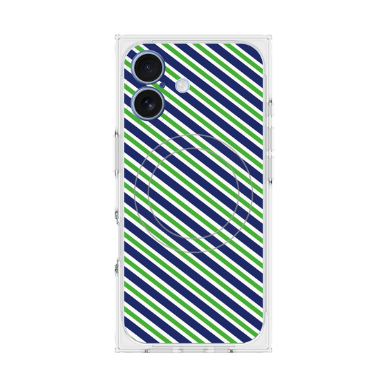 プレミアムスクエアケース with MagSafe［ Small Stripe - Navy × Green ］