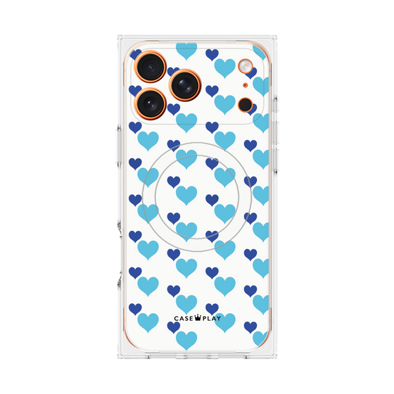 プレミアムスクエアケース with MagSafe［ Stripe Hearts - Blue ］