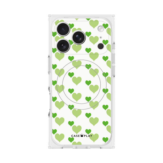 プレミアムスクエアケース with MagSafe［ Stripe Hearts - Green ］