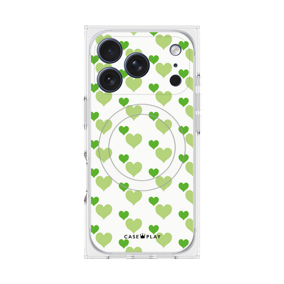 プレミアムスクエアケース with MagSafe［ Stripe Hearts - Green ］